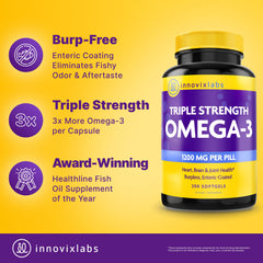 InnovixLabs omega-3 capsules close-up demonstrates easy-to-swallow, burpless softgels.