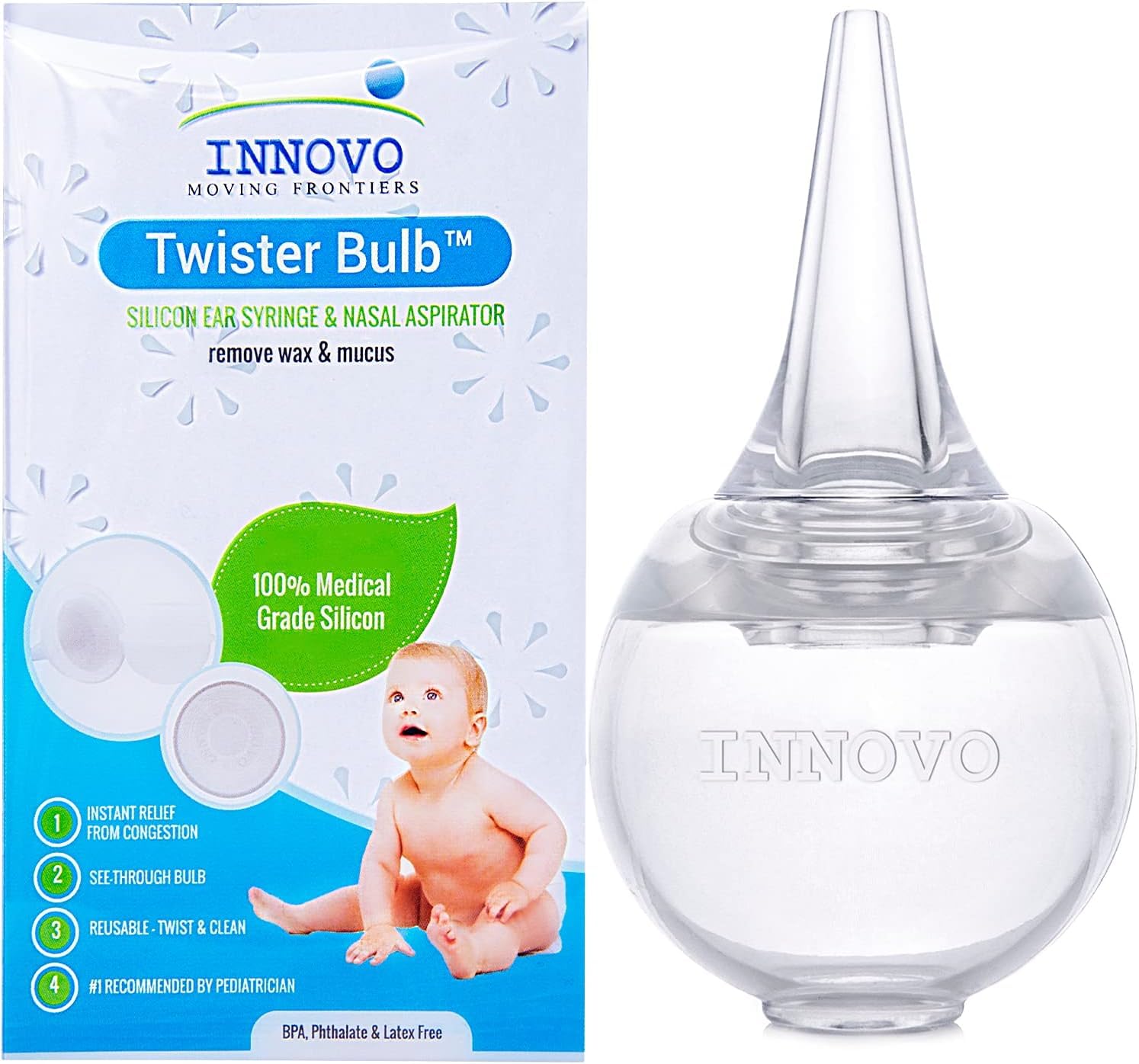 Innovo Twister Bulb nasal aspirator in action for mucus removal.