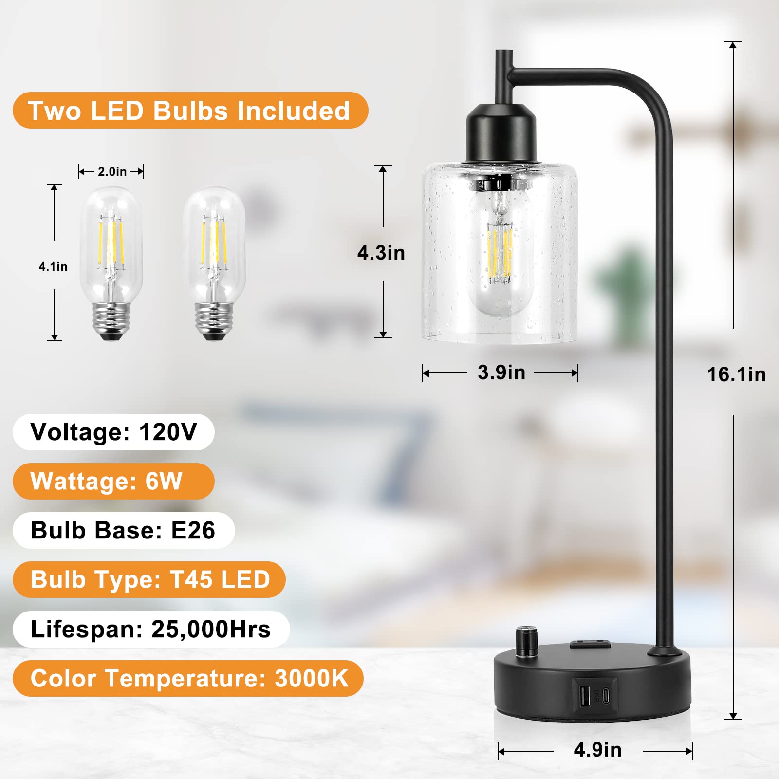 Innqoo bedside lamp showing USB-C and USB ports for easy charging.