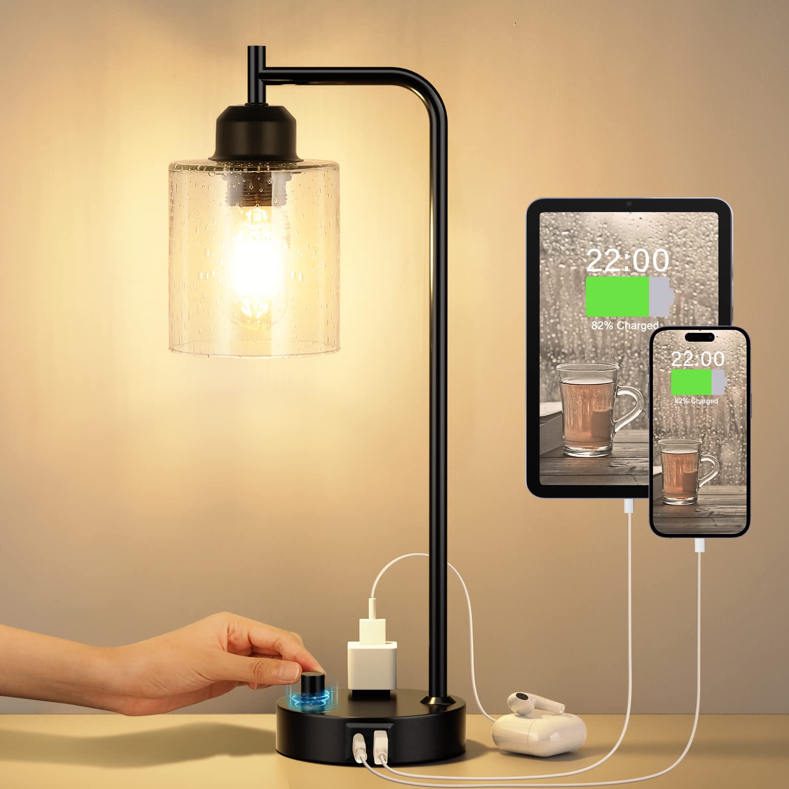 Innqoo bedside lamp with nightstand glass shade for warm bedside ambience