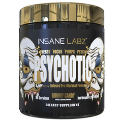 Insane Labz Psychotic Gold bottle front for sustained workout energy.