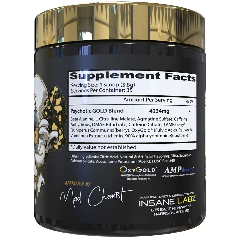 Psychotic Gold scoop beside a shaker for a high-intensity session.