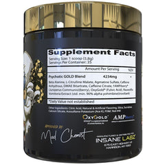 Psychotic Gold scoop beside a shaker for a high-intensity session.
