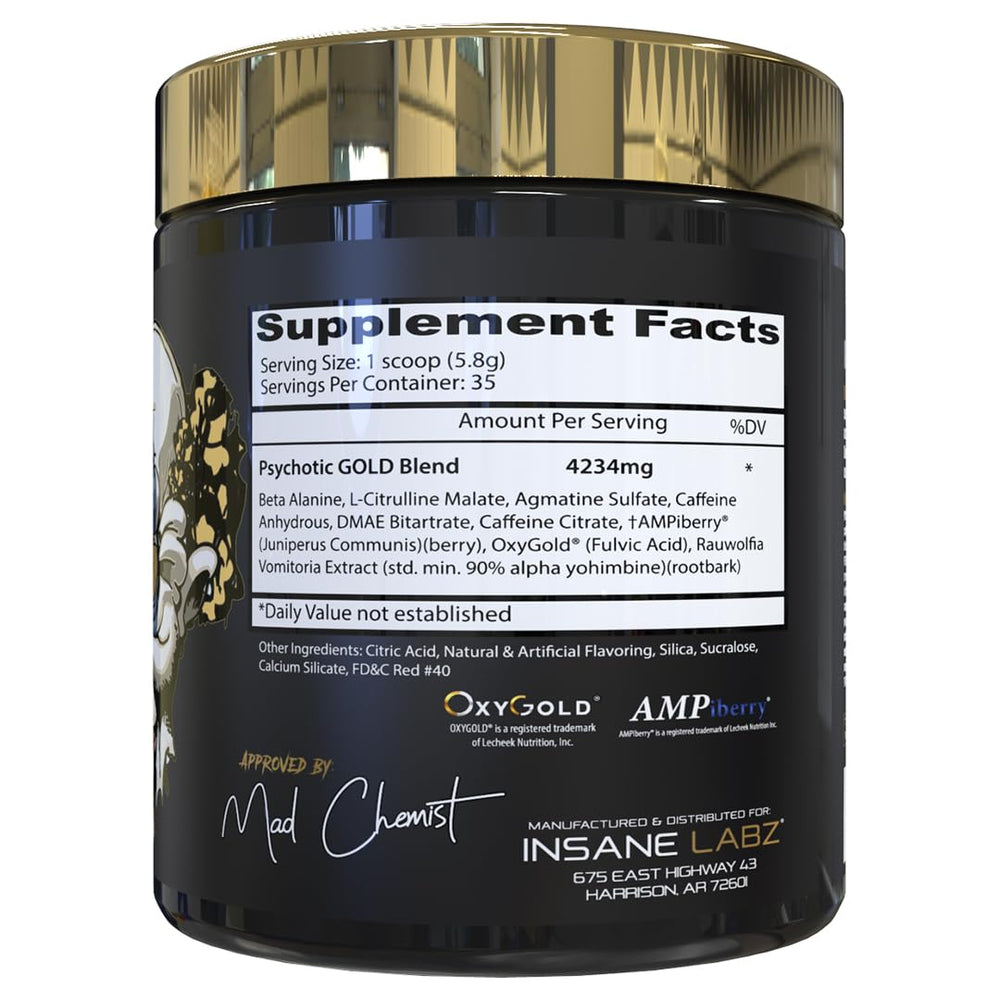 Insane Labz Psychotic Gold serving scoop for easy pre-workout dosing
