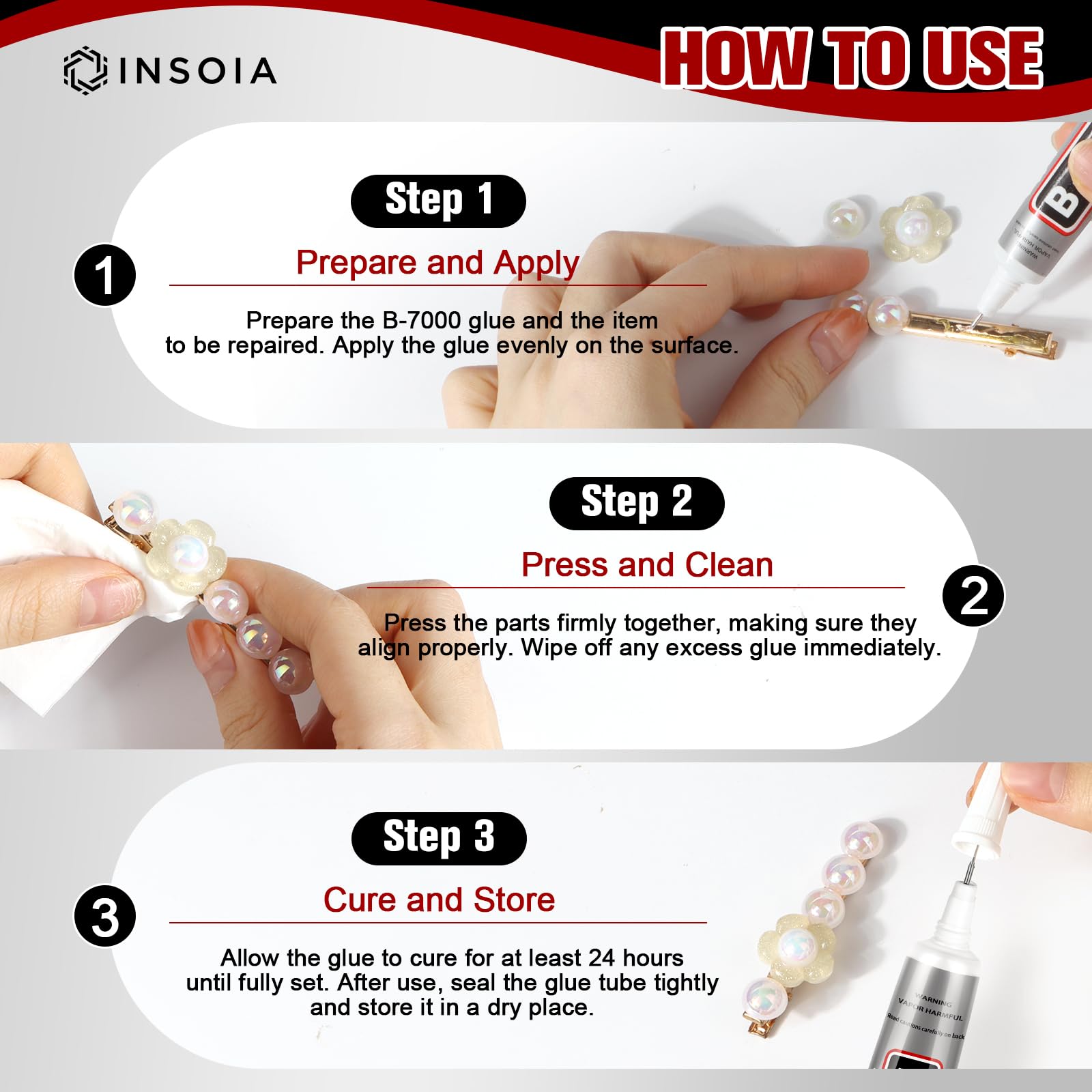 INSOIA B7000 works on multiple surfaces like metal, glass, and fabric.