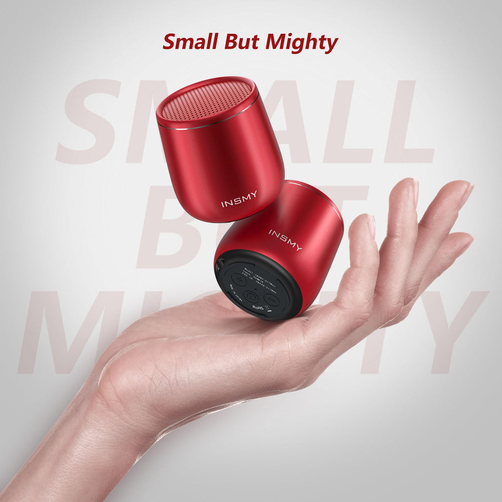 INSMY mini portable speaker with braided lanyard shown for easy carry anywhere