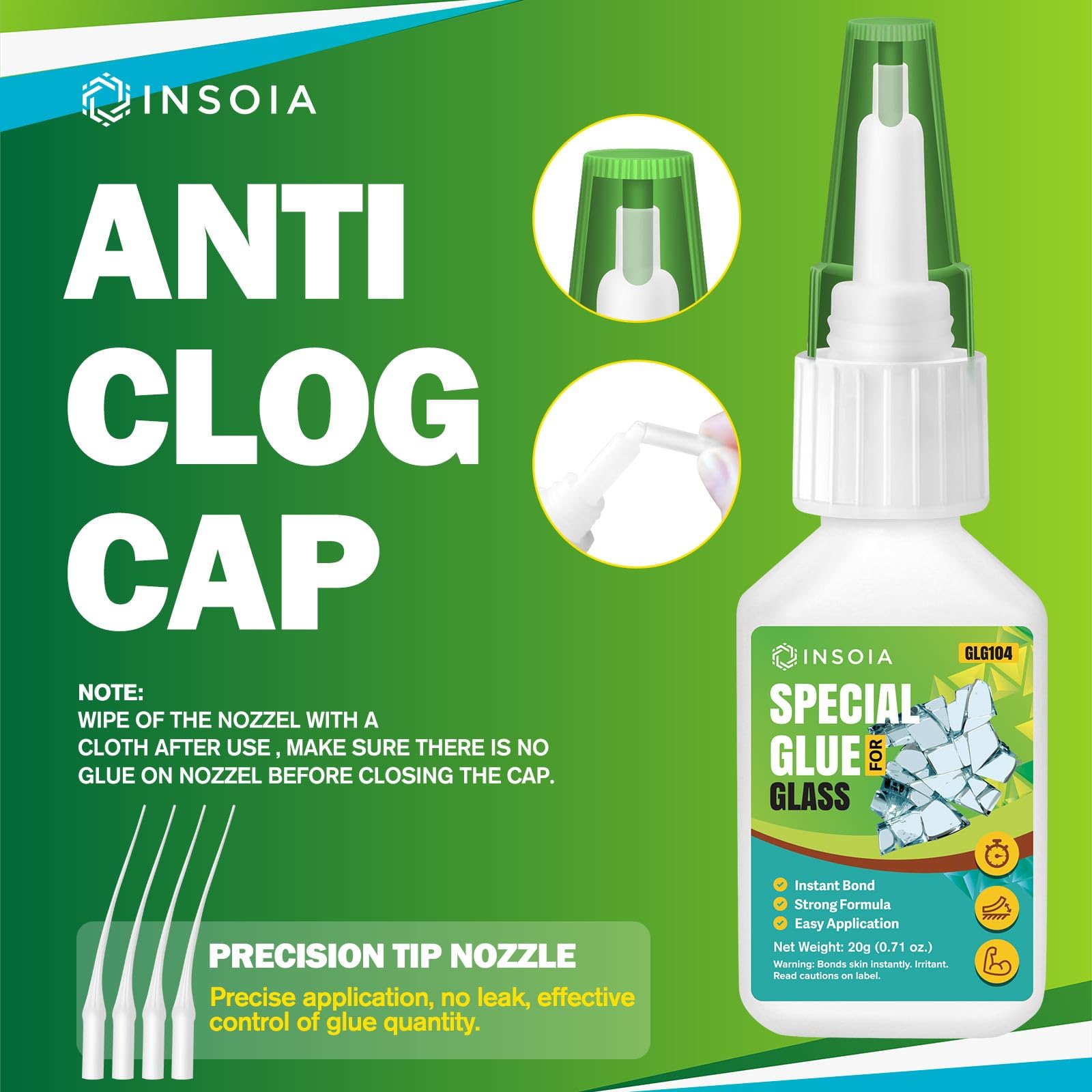 Insoia Glass Glue compatible with accelerators for faster setup.