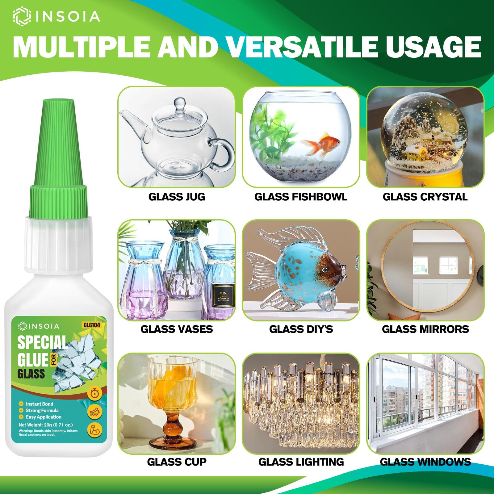 Insoia Glass Glue cures clear for seamless repairs.