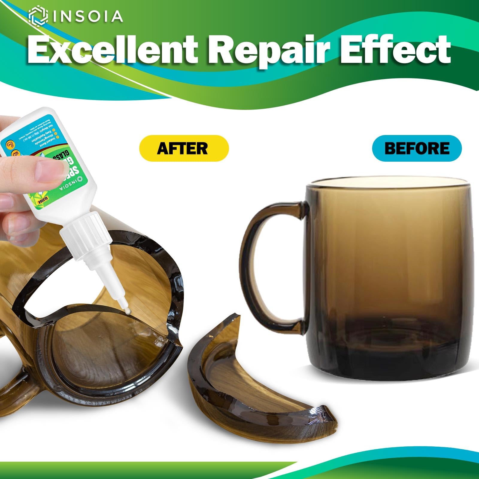 Insoia Glass Glue creates a waterproof bond for vases and mirrors.