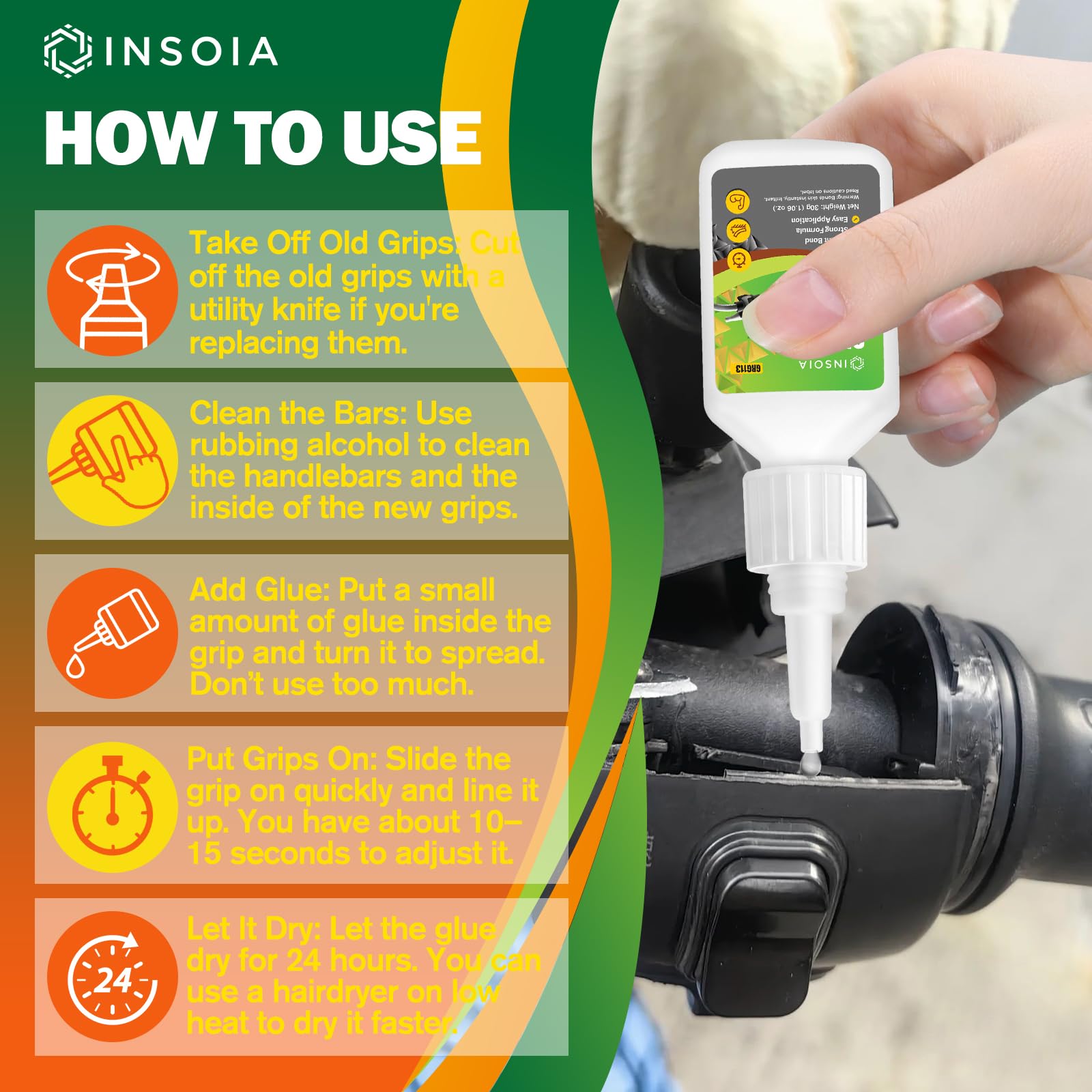 INSOIA Grip Glue clear-drying formula—transparent finish after fast set for neat results.
