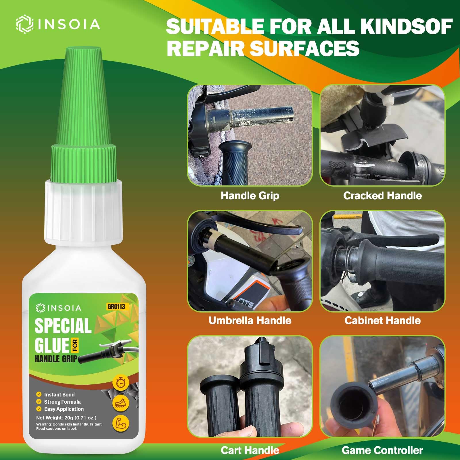 INSOIA Grip Glue dirt-bike-application—handles rugged terrain with firm adhesion.