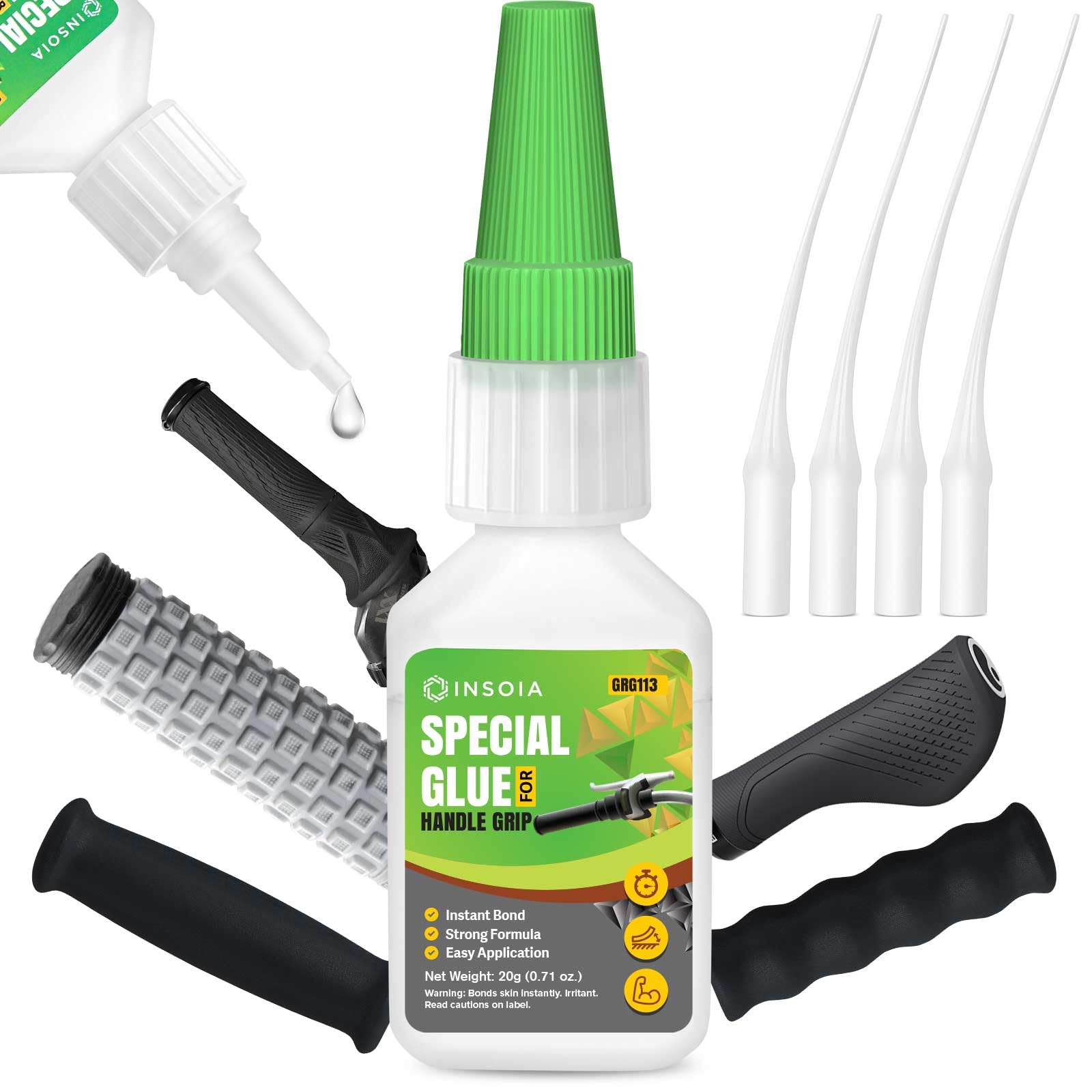 INSOIA Grip Glue fast-bond bottle—instant adhesion for secure motorcycle grip installation.