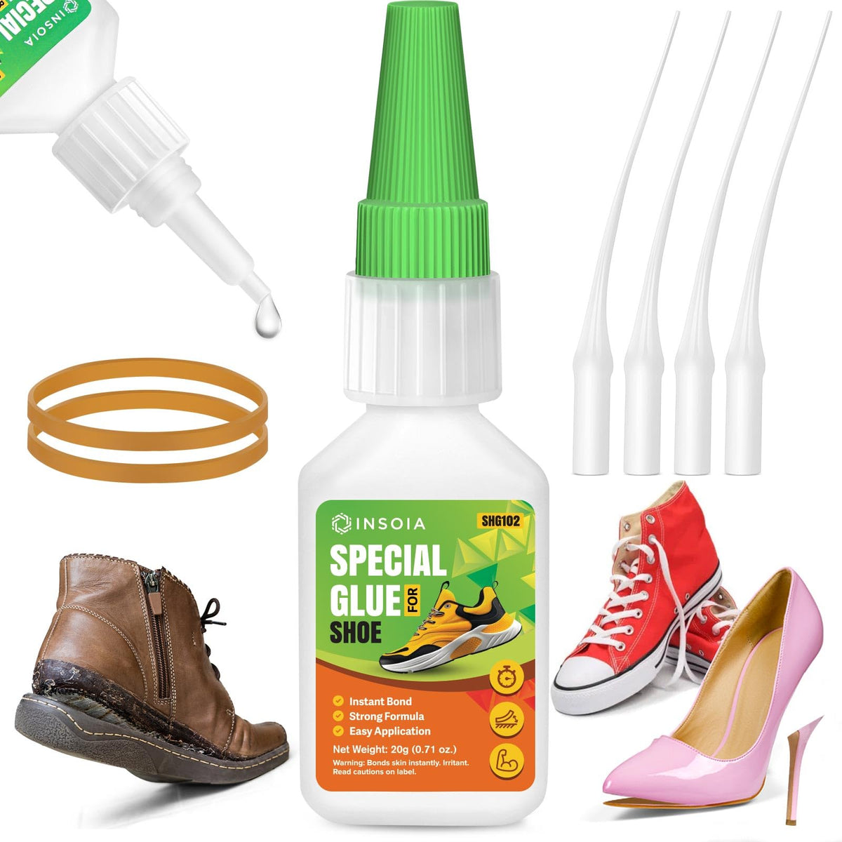 INSOIA Clear Glue bottle front for strong footwear bonding.