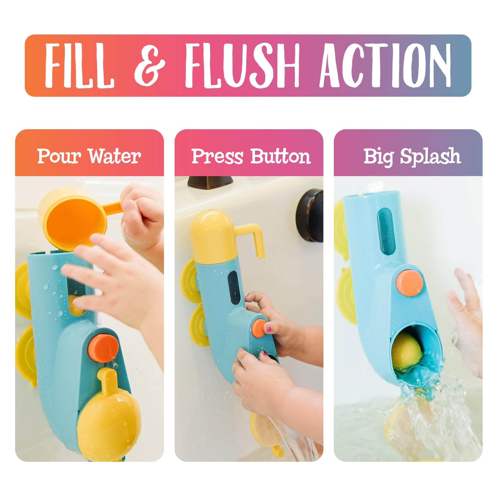Inspiration Play Fill N Splash Submarine bath toy features a button flush action for tub play