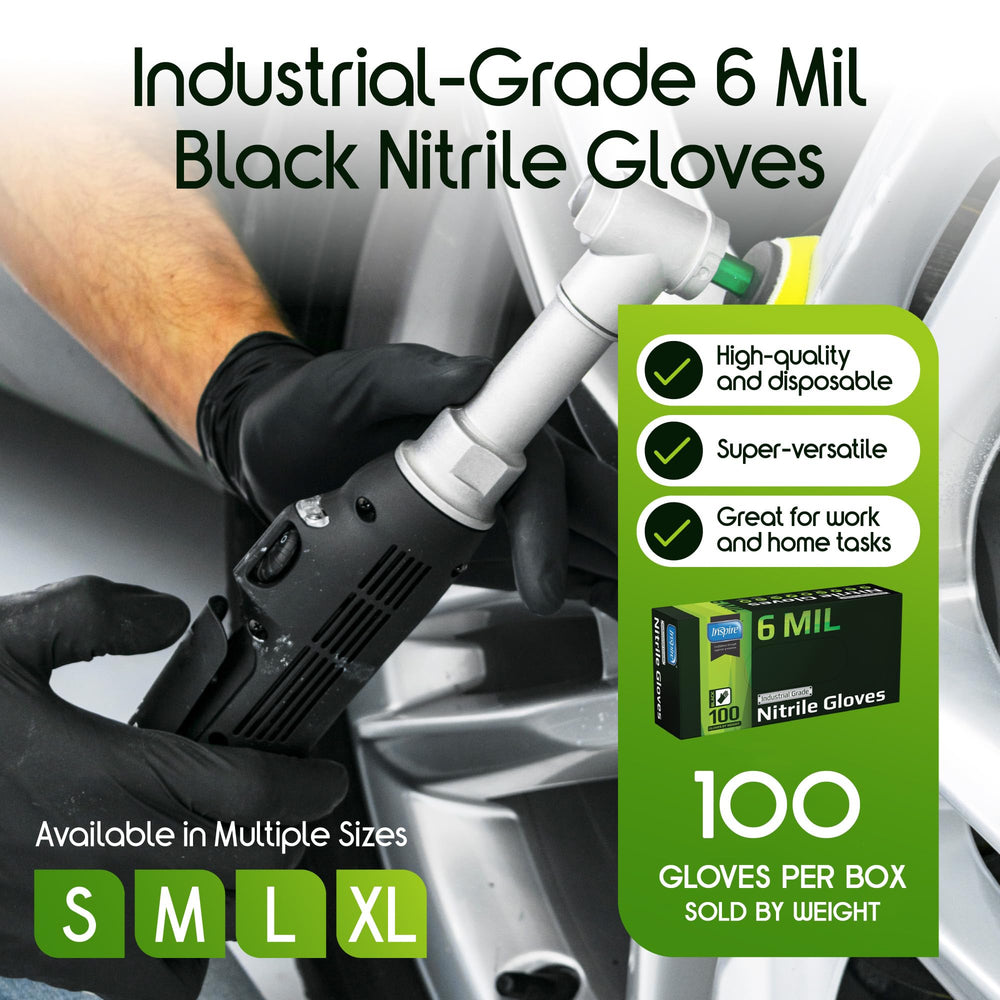 Inspire Black Nitrile Gloves textured fingertips for better grip