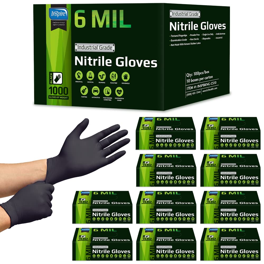 Inspire Heavy Duty 6Mil black nitrile gloves in box, ready for industrial tasks.