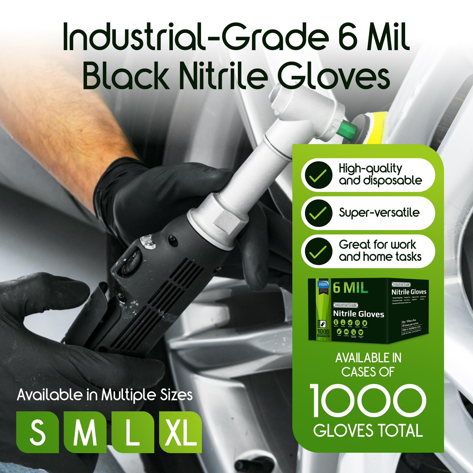 Inspire heavy-duty nitrile gloves close-up textured fingertips for secure grip.