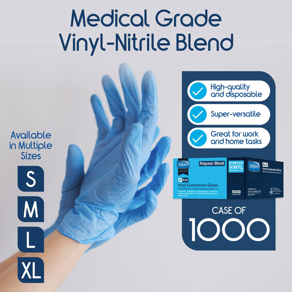 Inspire nitrile-vinyl blend gloves showing high dexterity for precise tasks.