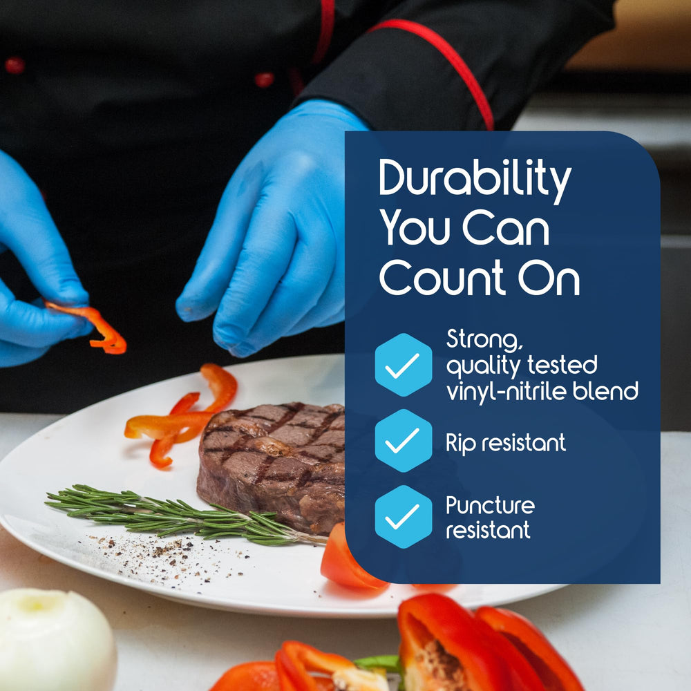 Inspire Nitrile-Vinyl Blend Gloves in kitchen use for safe food preparation.