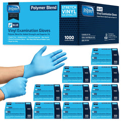 Inspire Nitrile-Vinyl Blend Gloves packaging showcases durable construction for everyday tasks.