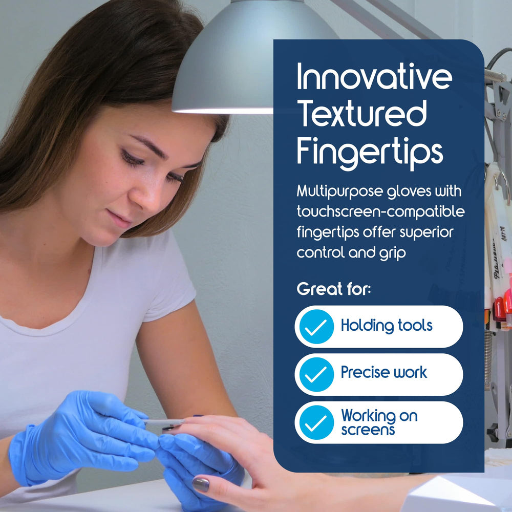 Inspire Nitrile-Vinyl Blend Gloves size range demonstrates secure stretch fit.