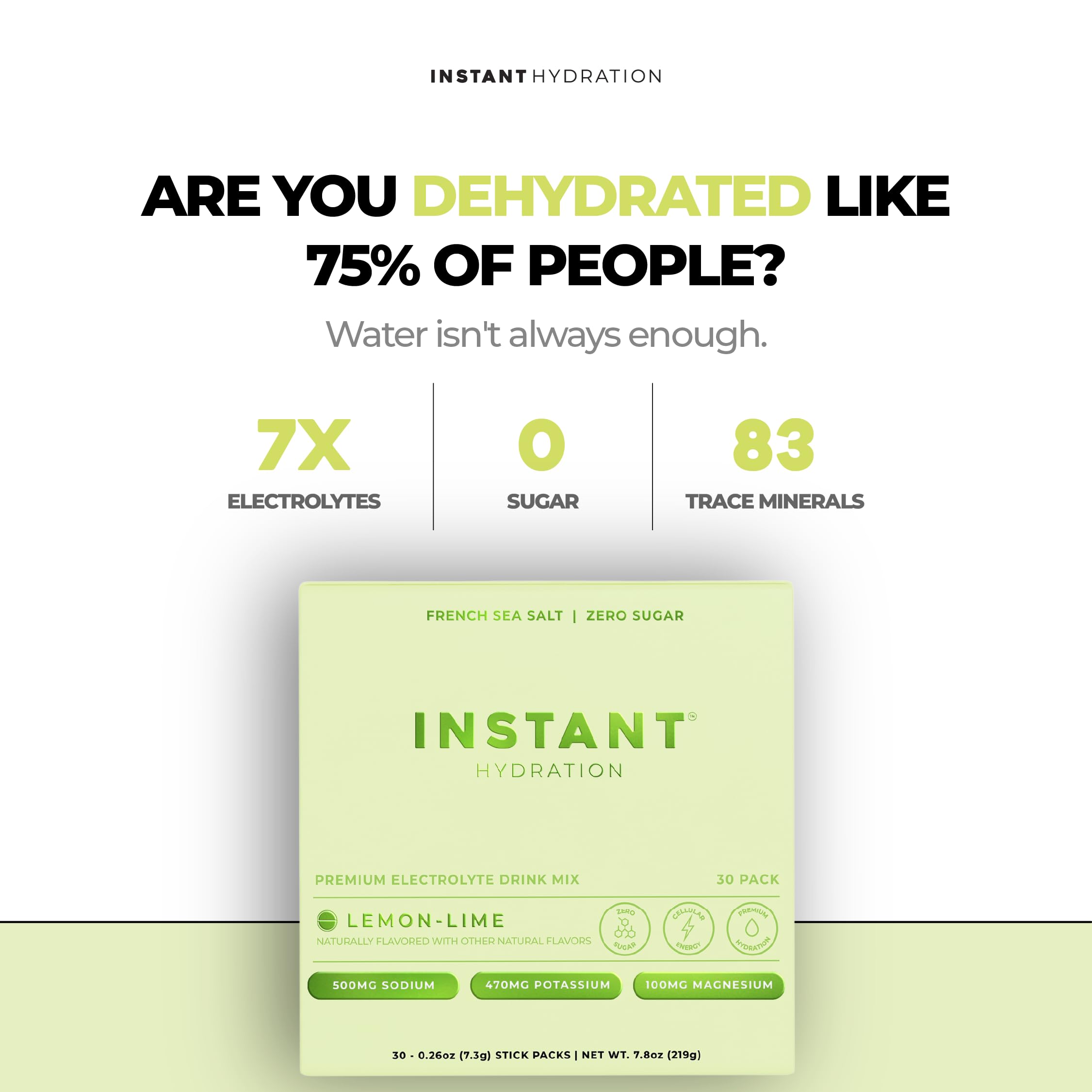 Instant Hydration Lemon Lime packet back view highlighting zero sugar and Keto-friendly features