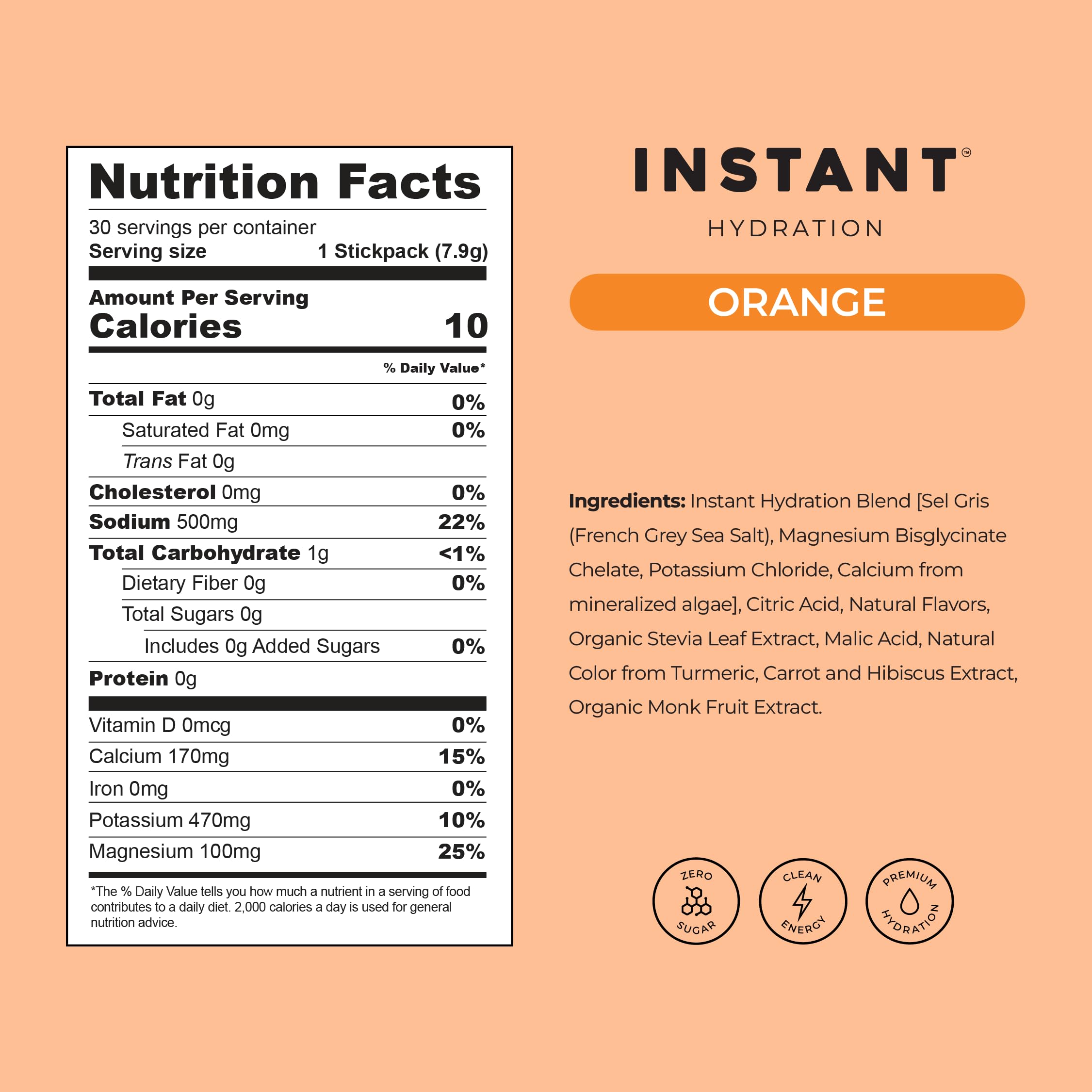 Instant Hydration orange drink mix dissolving in water for a bright flavor.