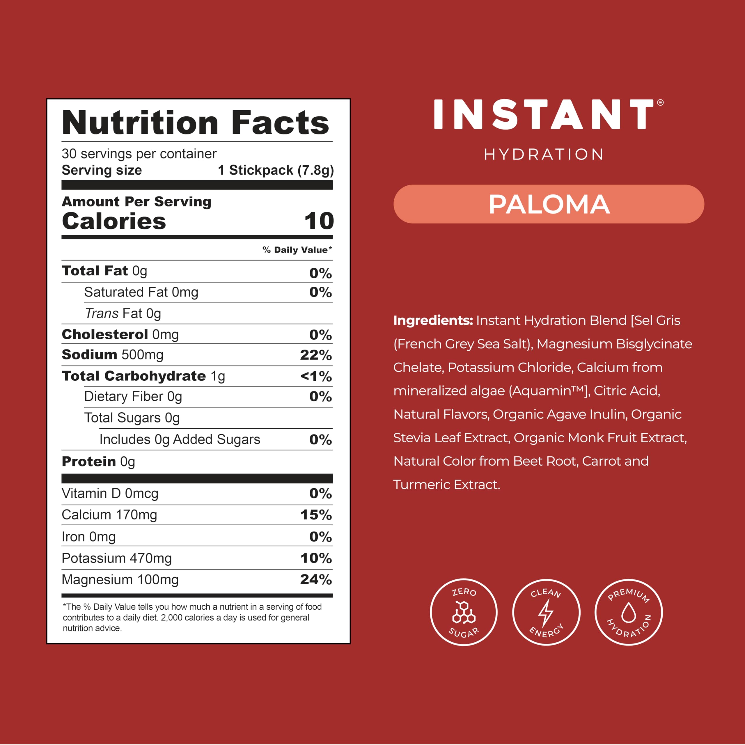 Instant Hydration Paloma label closeup highlighting the electrolyte blend
