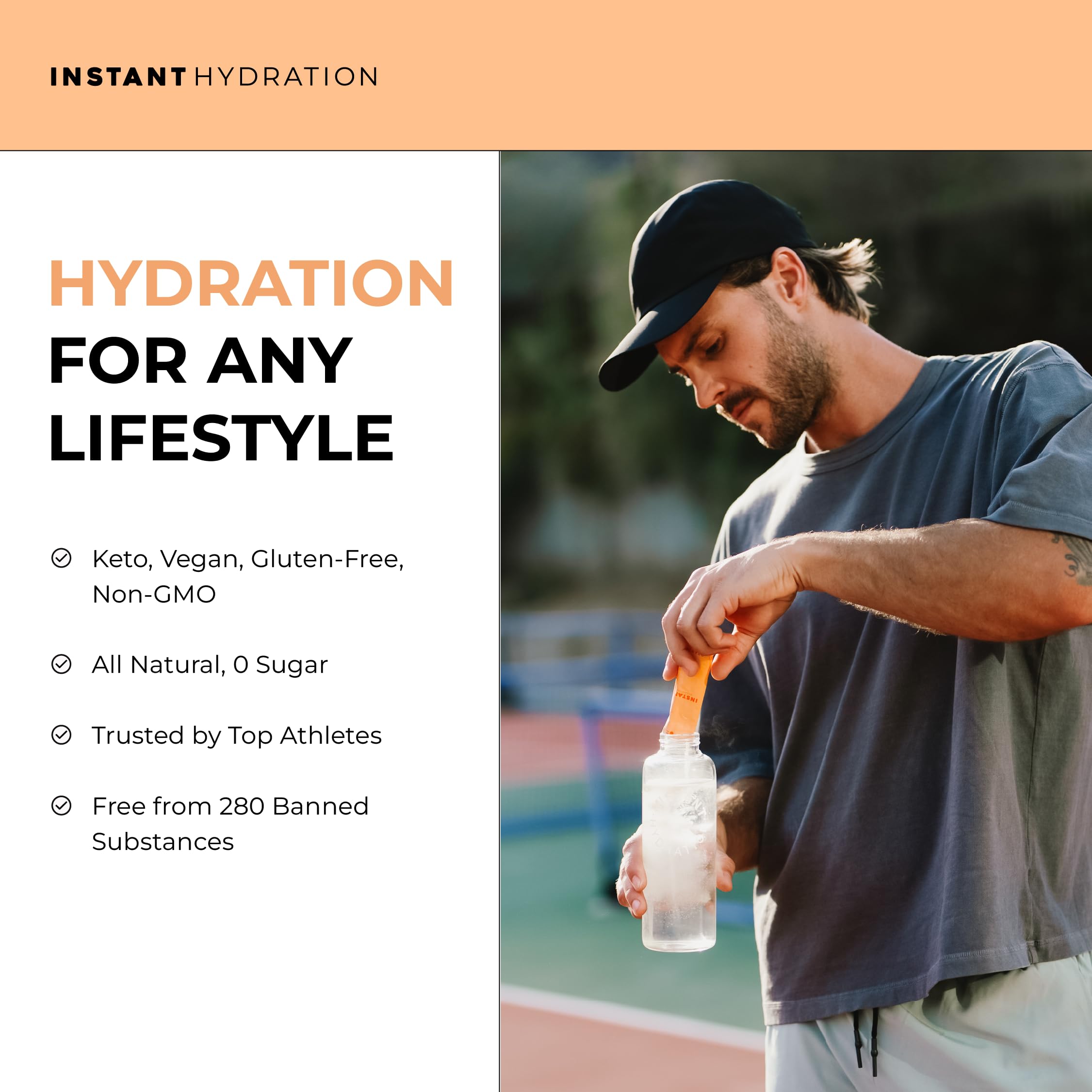 Instant Hydration vegan gluten-free certification logo on packaging.