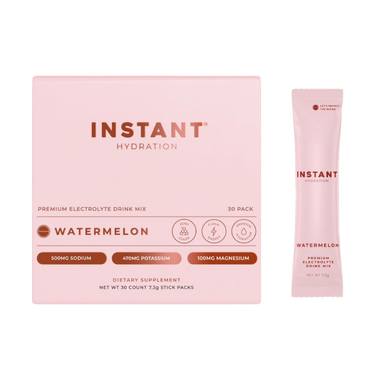 Instant Hydration watermelon packet close-up shows refreshing flavor and electrolyte blend for quick hydration.