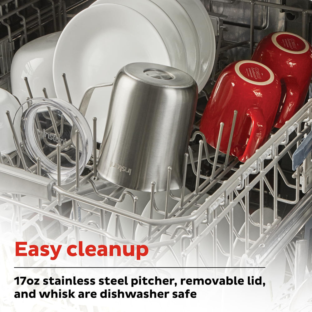 Instant MagicFroth dishwasher-safe pitcher and whisk simplify cleanup.