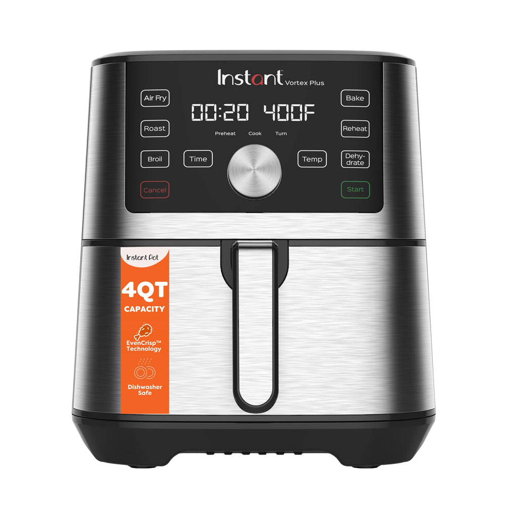 Instant Pot Vortex Plus 4qt front view shows compact size for small kitchens and apartments.