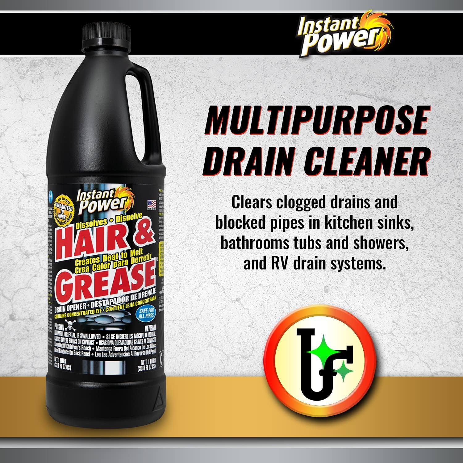 Instant Power drain cleaner shown in sink action dissolving buildup