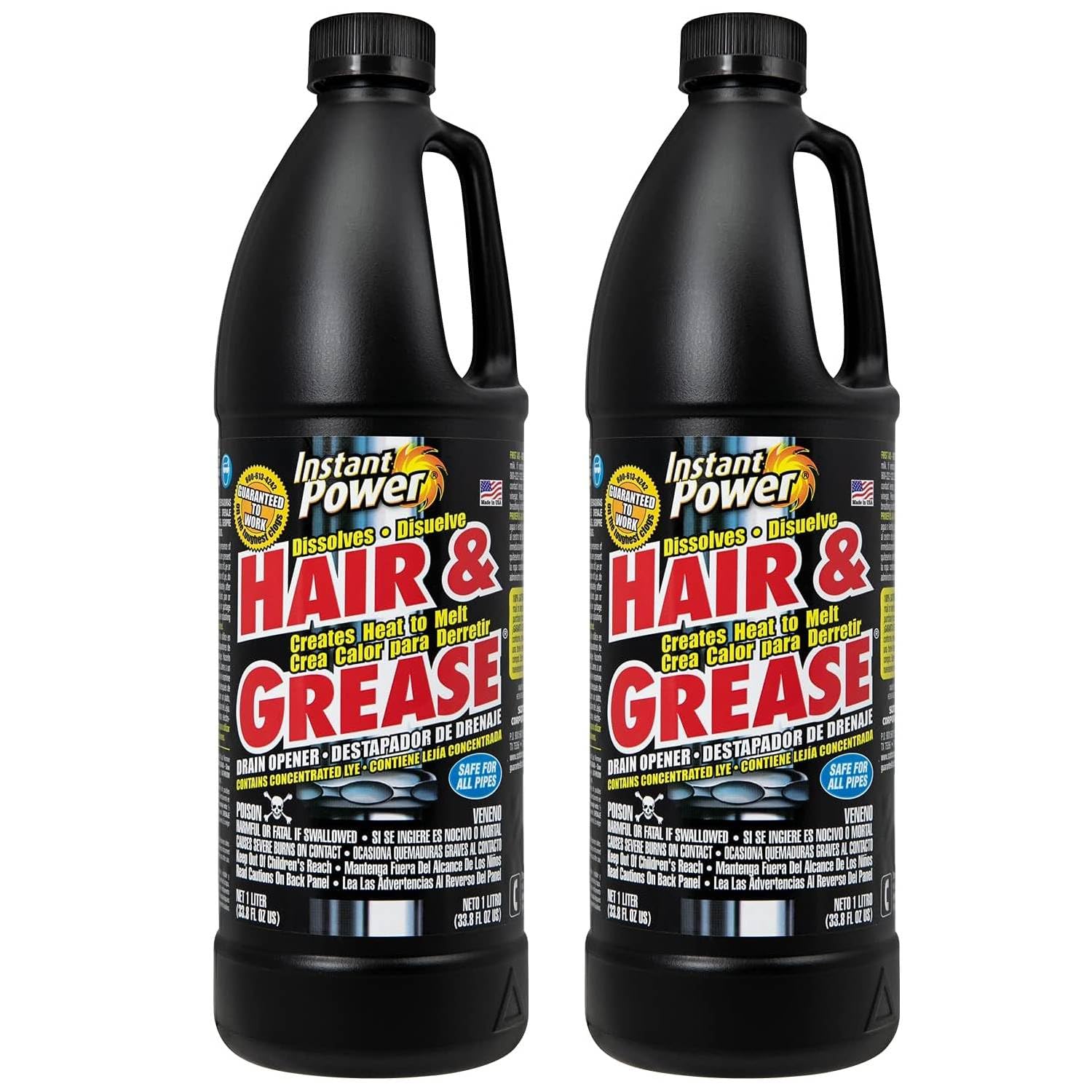 Instant Power bottle being poured to clear a clogged drain with hair and grease