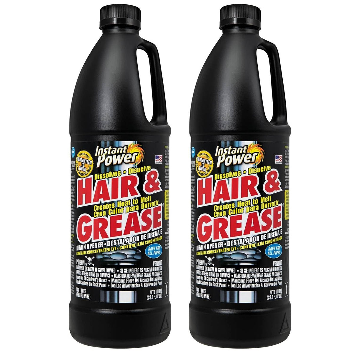 Instant Power bottle being poured to clear a clogged drain with hair and grease