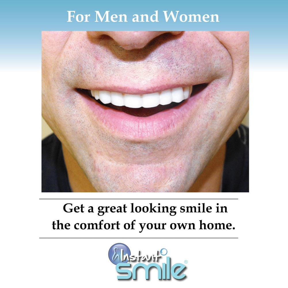 Instant Smile Comfort Fit Flex front-teeth measurement graphic references sizing for comparison.