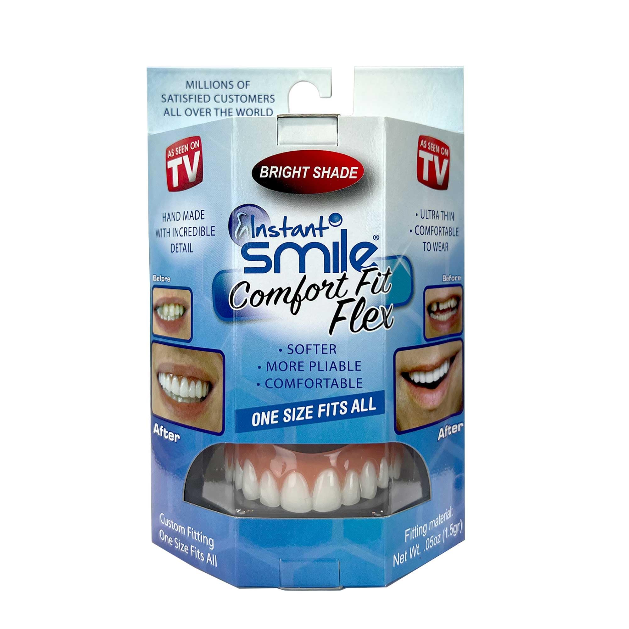 Instant Smile Comfort Fit Flex upper veneer packaging shows a ready-to-use at-home smile solution.
