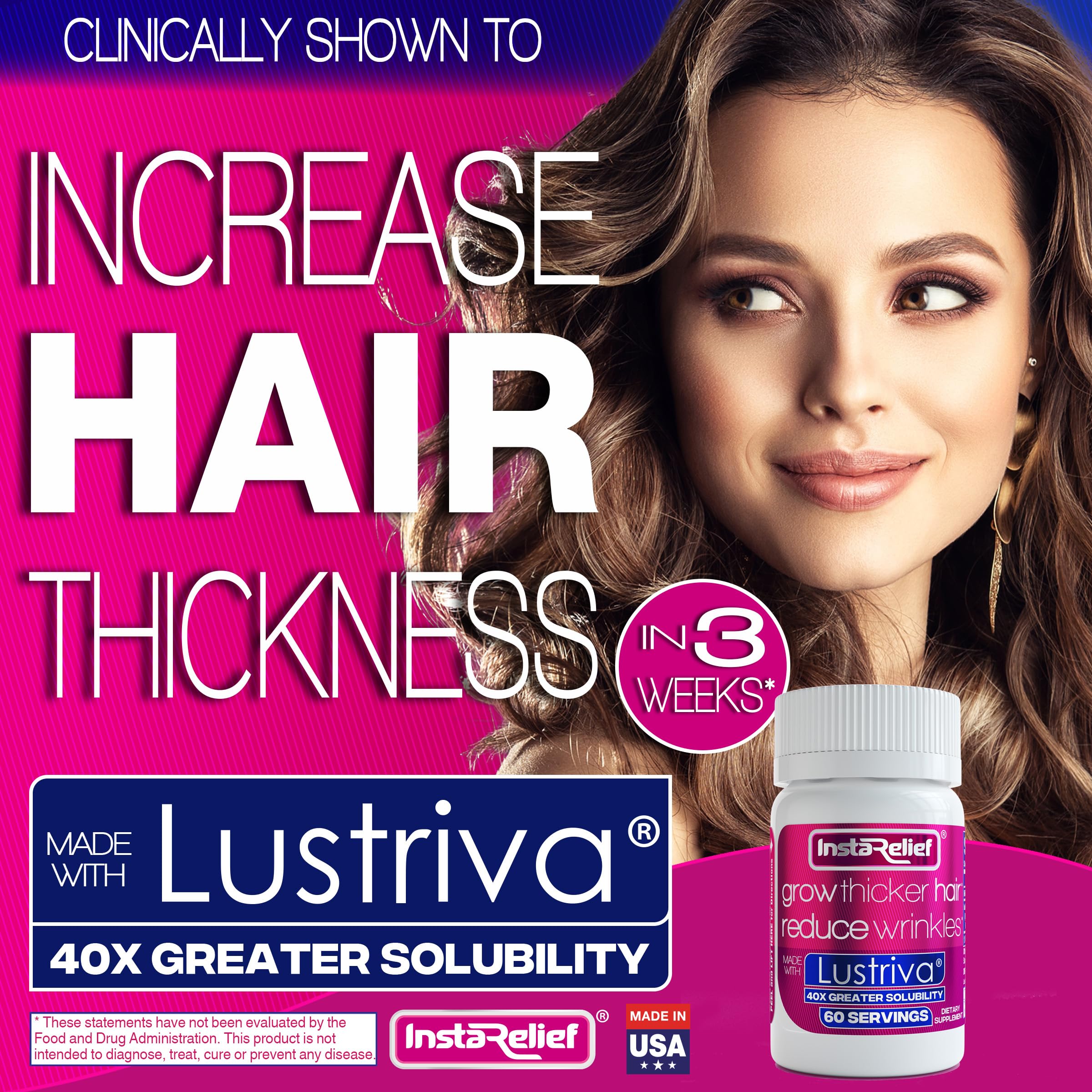 InstaRelief Lustriva capsules close-up showing healthier hair