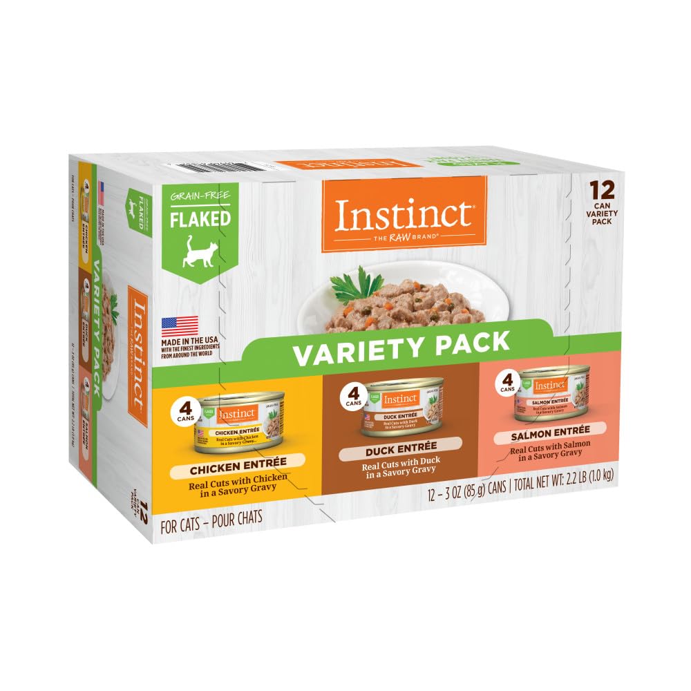 Instinct Flaked Entrée variety pack cans shown together for cat servings, high-protein option