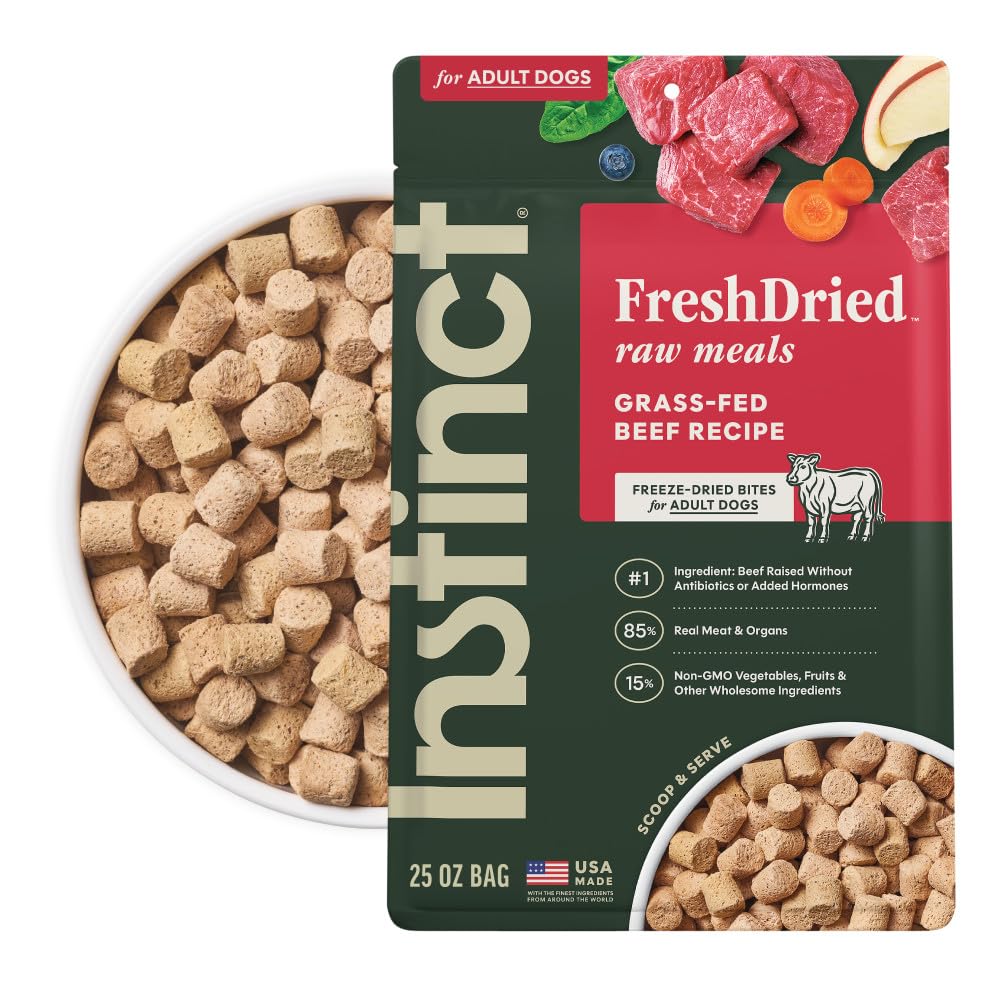 Instinct FreshDried Bites beef chunks image shows high-protein meal for lean muscles.