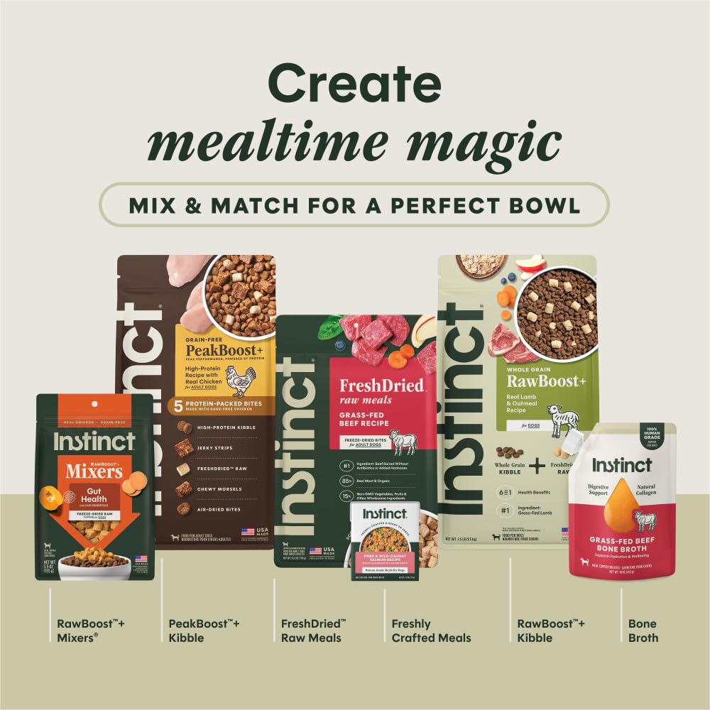 Instinct FreshDried Bites dog-mealtime scene demonstrates practical mealtime or training treat.