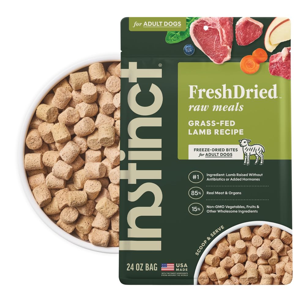 Instinct FreshDried Bites, grass-fed lamb close-up, showcasing real meat for lean muscles.