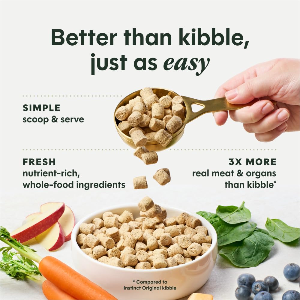Instinct FreshDried Bites raw ingredients display emphasizes preserved nutrients and minimal processing.