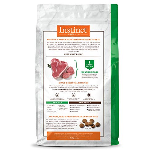Close-up of Instinct lamb kibble highlighting single-protein formula for easy digestion.