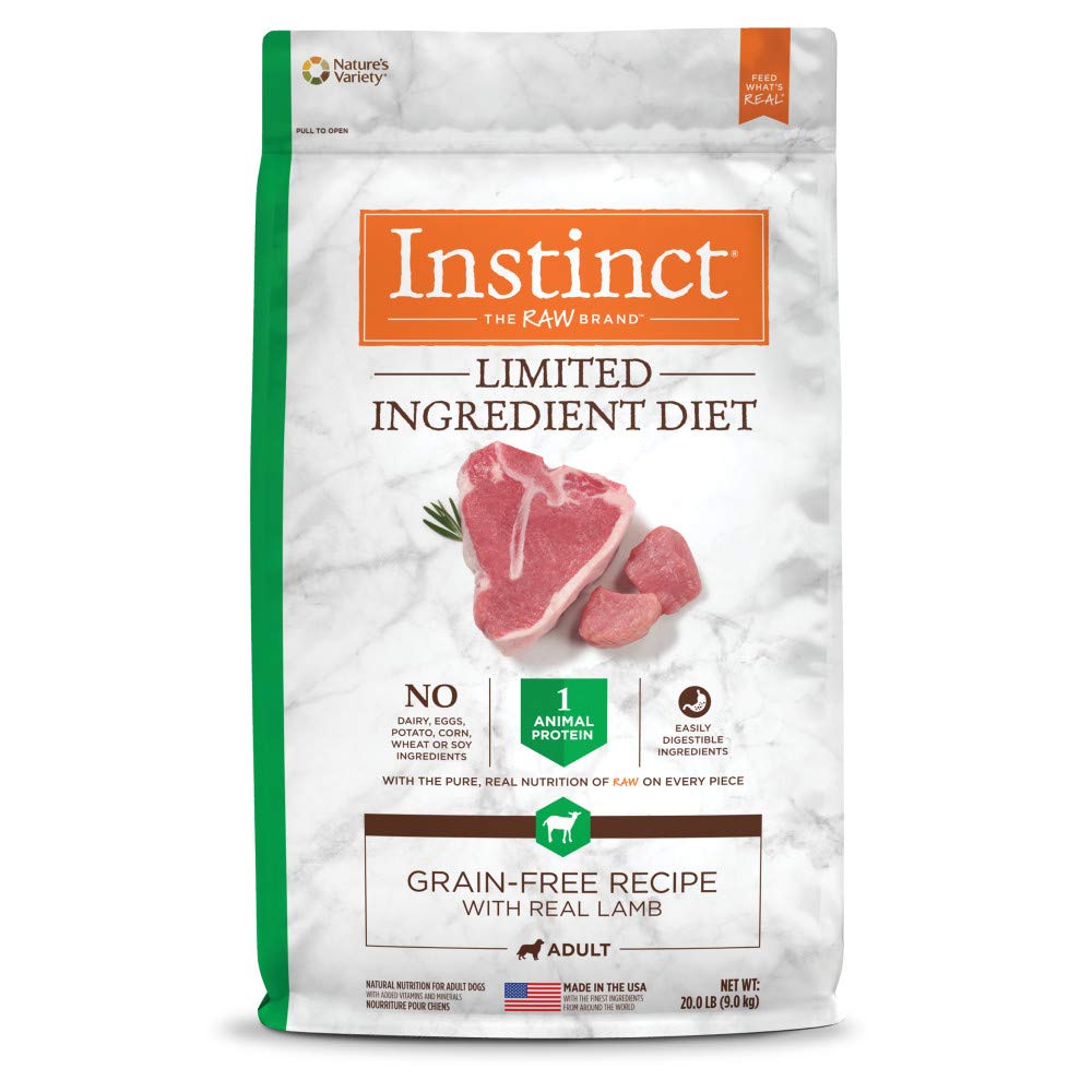 Instinct Limited Ingredient Diet lamb dry dog food bag shows simple ingredient list for sensitive dogs.
