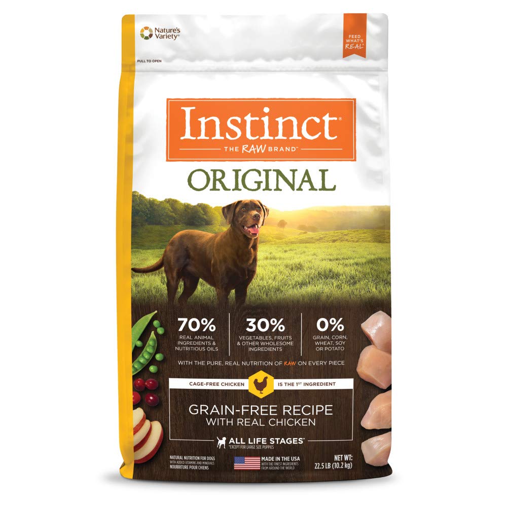 Instinct Original dry dog food bag front view highlighting raw-coated chicken flavor