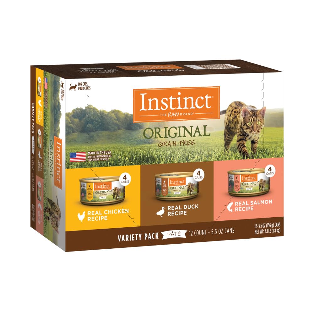 Instinct Original Pate cans show high-protein meals for active cats.