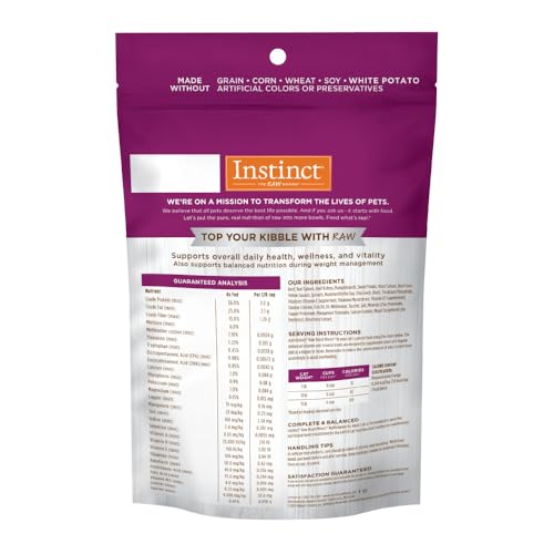 Instinct Raw Boost Mixers bag back highlights grain-free formula and ingredients.