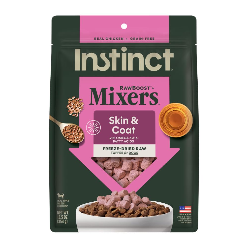 Instinct RawBoost packaging highlights a grain-free topper for meals.