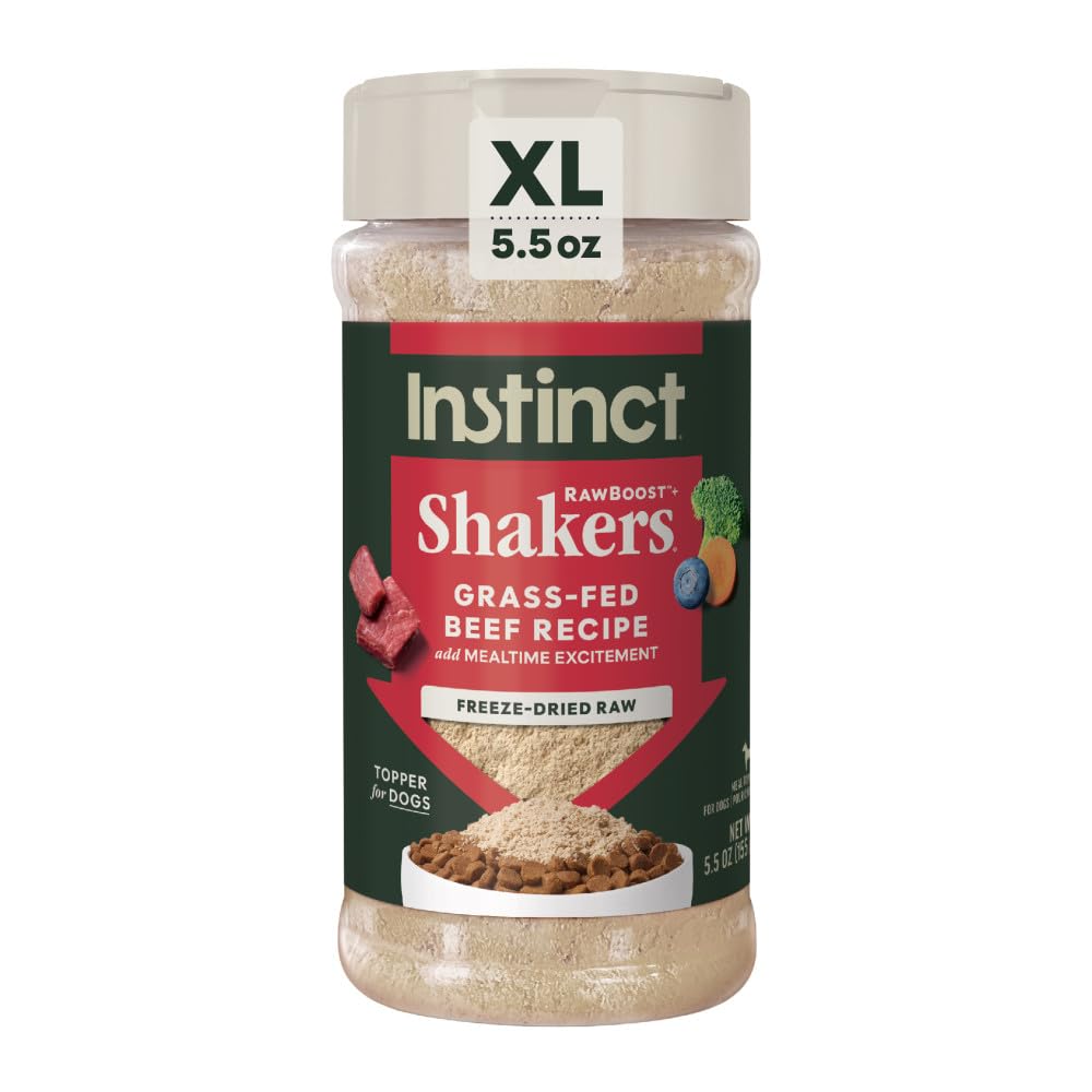 Instinct RawBoost Shakers beef recipe bottle showing protein boost for meals.